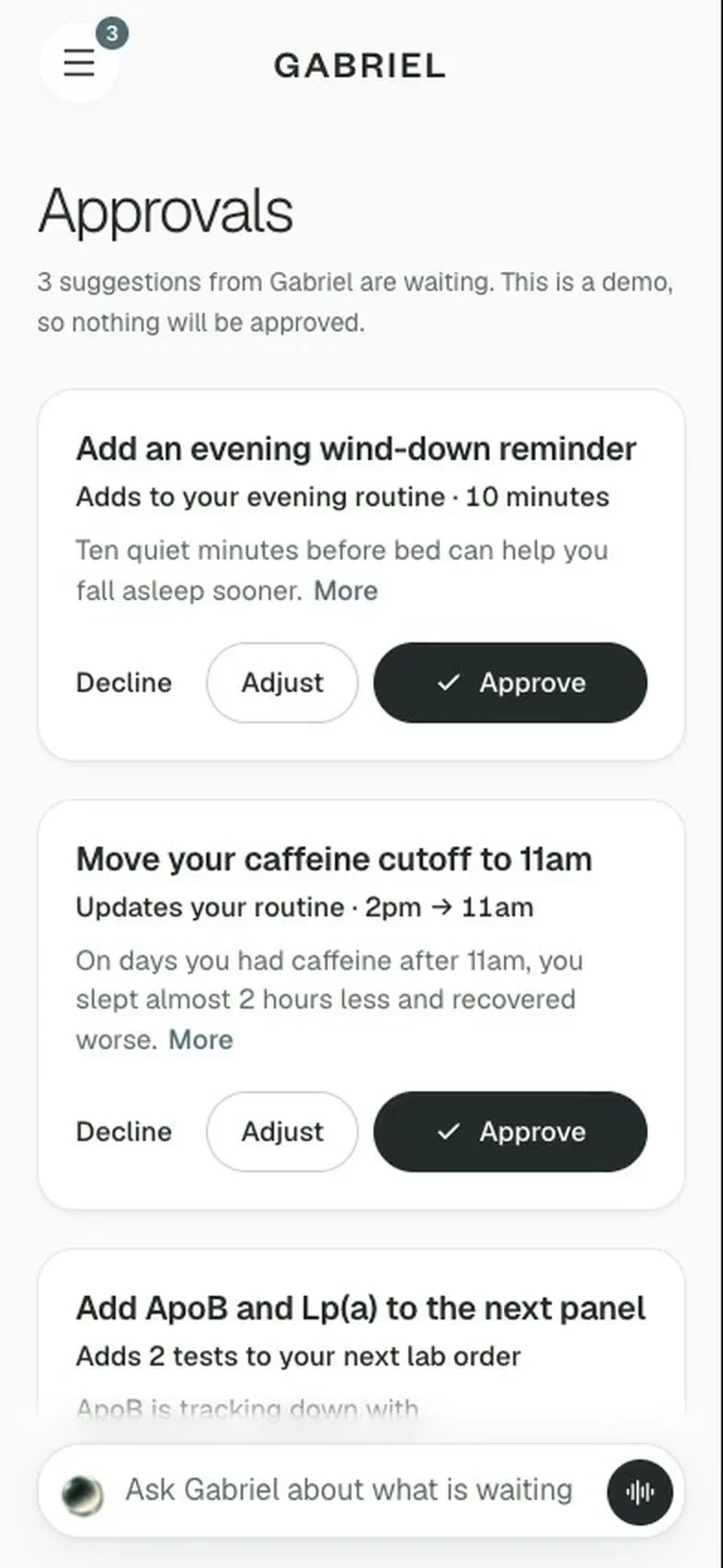 The Gabriel app on a phone, showing suggestions waiting for approval: an evening wind-down reminder and an earlier caffeine cutoff.