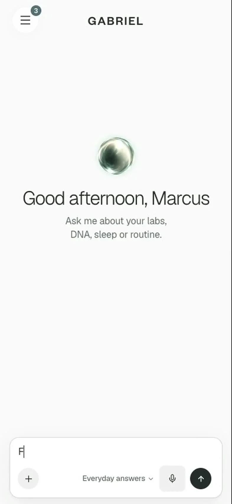The Gabriel app home screen on a phone: a greeting, an invitation to ask about labs, DNA, sleep or routine, and a message box.