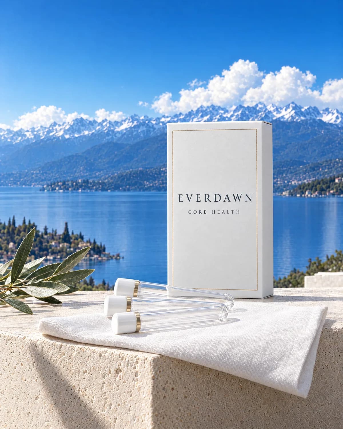 A white Everdawn box for the Core Health Panel with empty collection tubes, on a terrace above a lake.