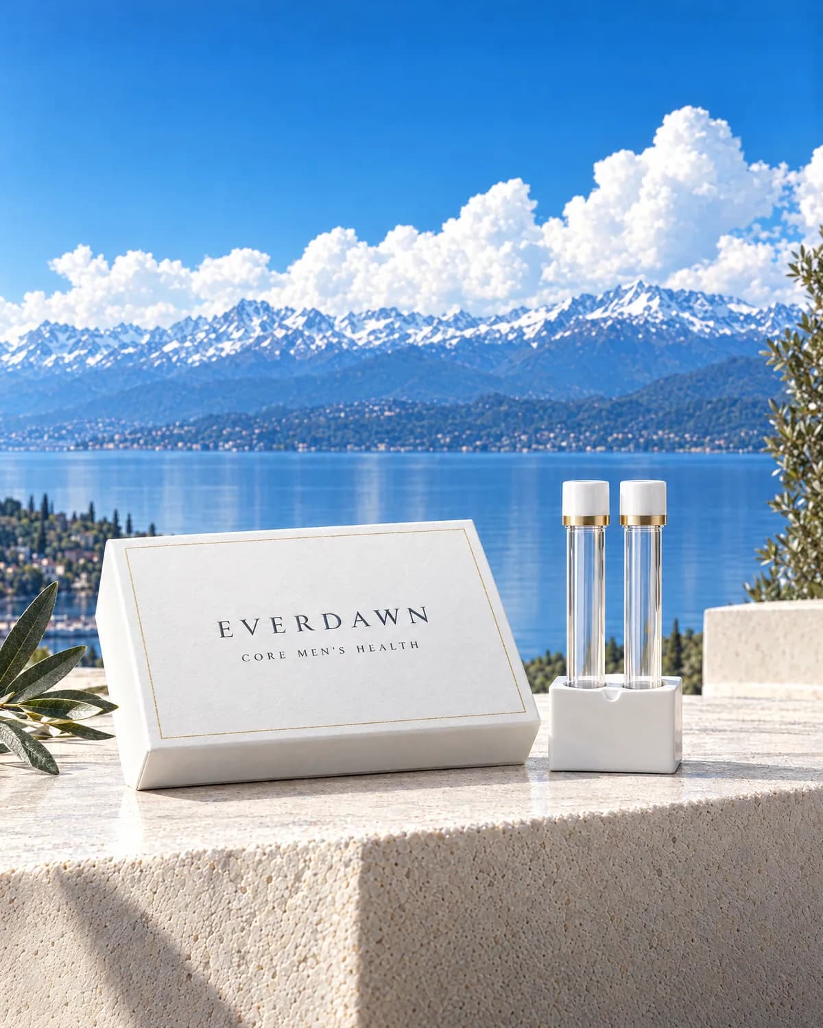 A white Everdawn box for the Core Men’s Health Panel beside empty collection tubes, on a terrace above a lake.