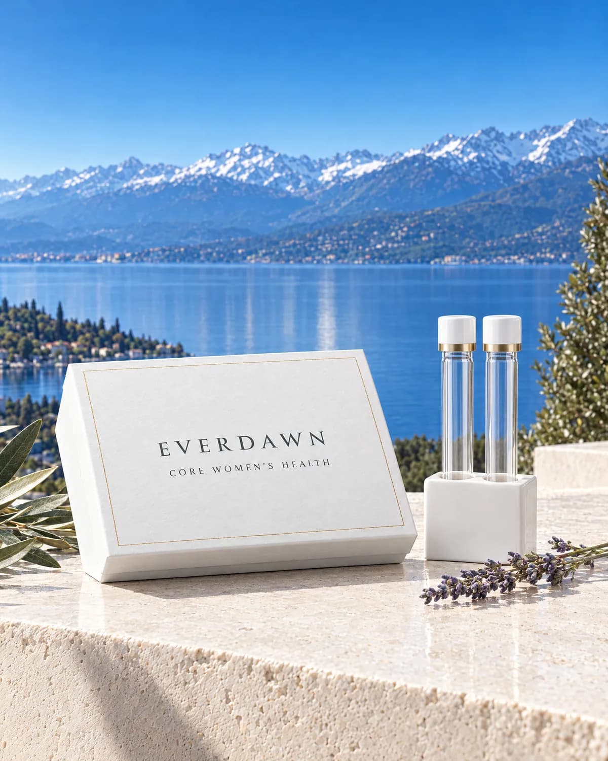 A white Everdawn box for the Core Women’s Health Panel beside empty collection tubes, on a terrace above a lake.