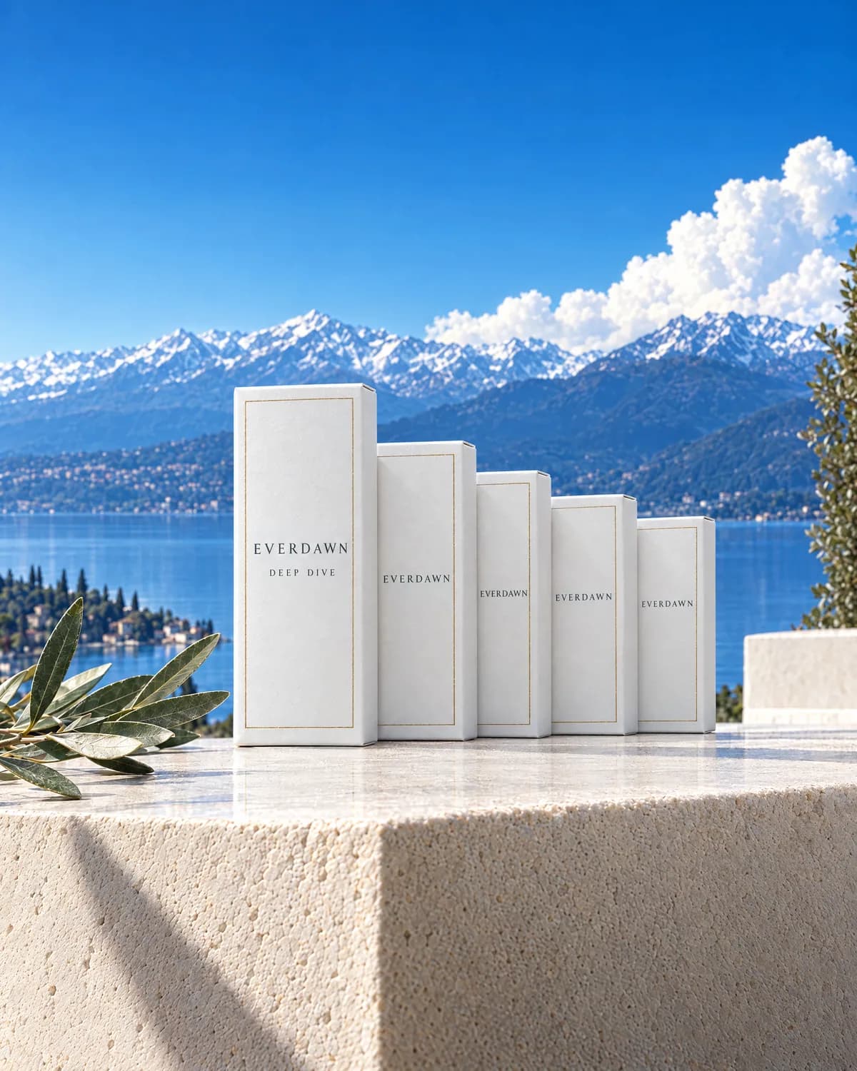 Five white Everdawn kit boxes for the Root-Cause Deep Dive, standing on a terrace above a lake.