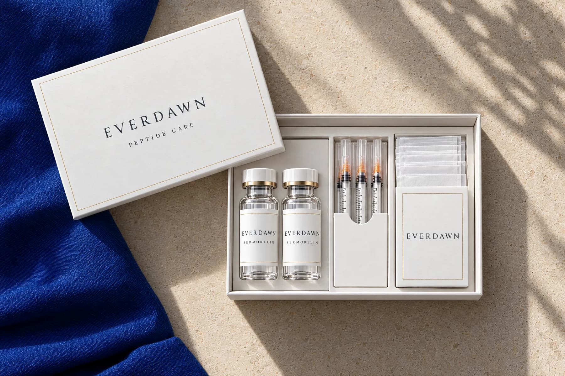 An opened Everdawn peptide care kit with two vials, syringes, swabs and a care card