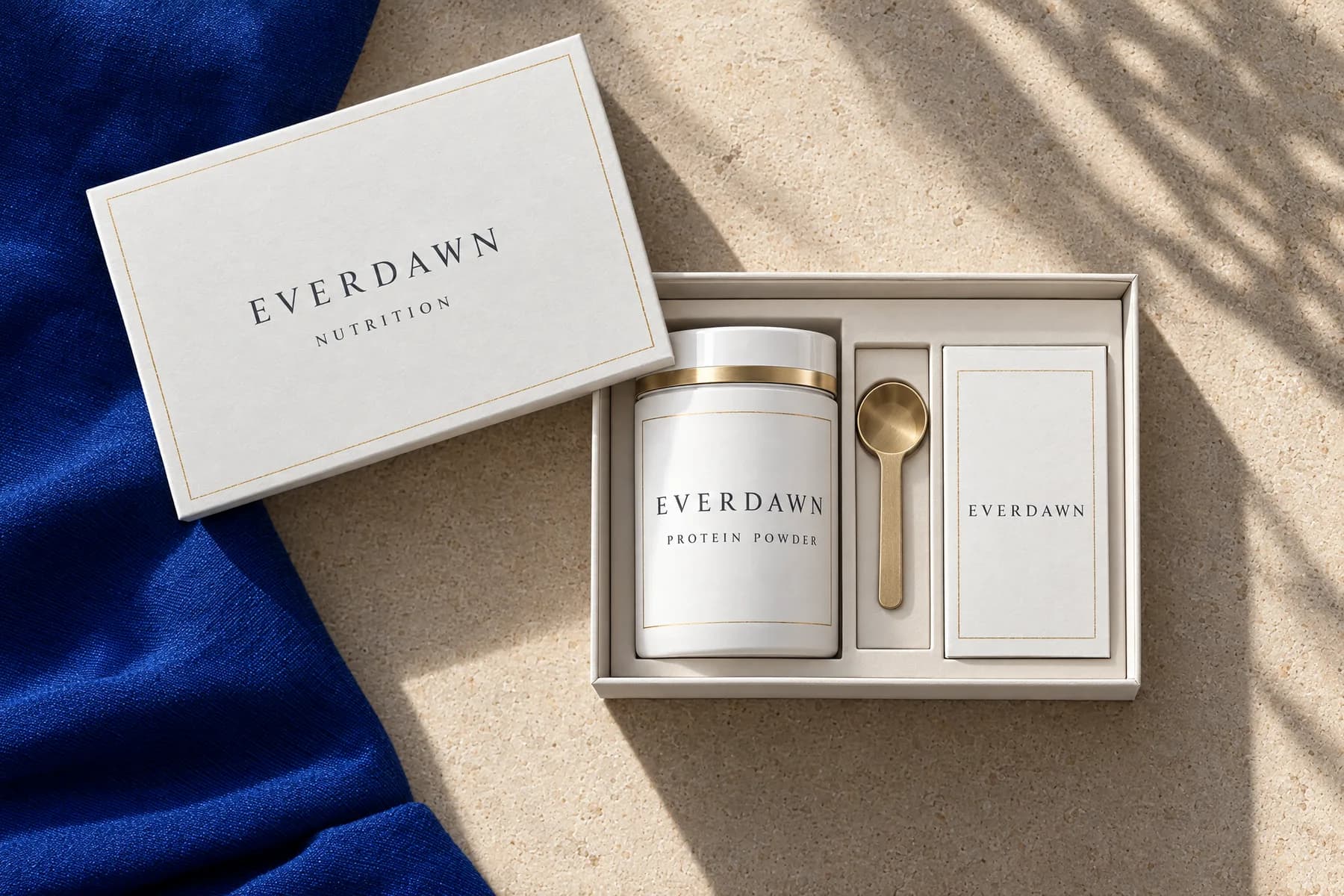 An opened Everdawn nutrition kit with a protein canister, a gold scoop and a care card