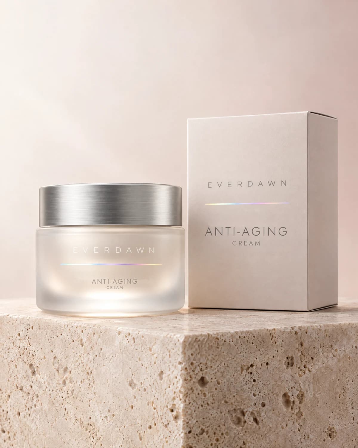 Illustrative packaging: an anti-aging cream frosted jar beside its carton on a travertine plinth against a soft studio background. Your medicine is labeled and dispensed by the licensed pharmacy.
