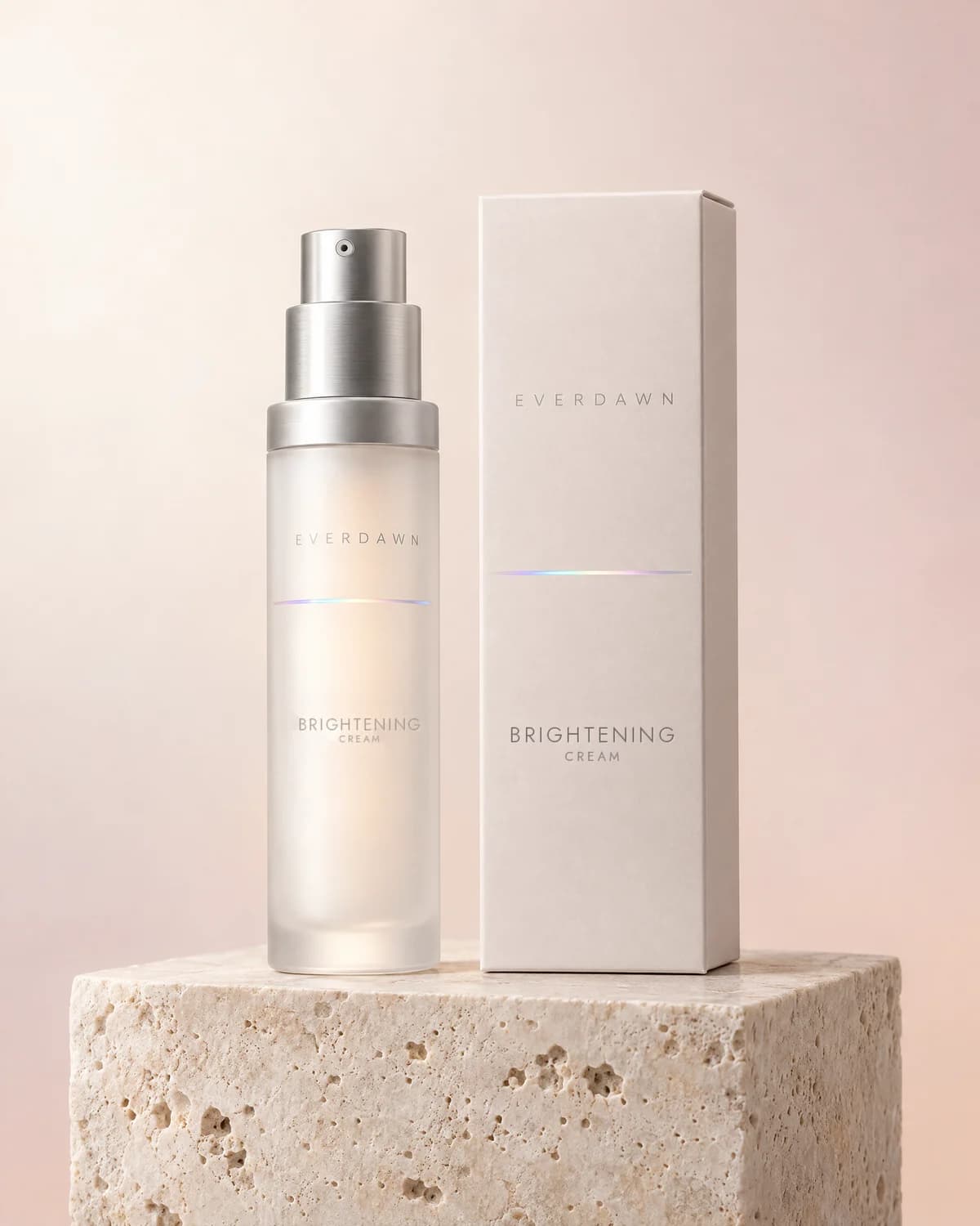 Illustrative packaging: a brightening cream airless pump beside its carton on a travertine plinth against a soft studio background. Your medicine is labeled and dispensed by the licensed pharmacy.