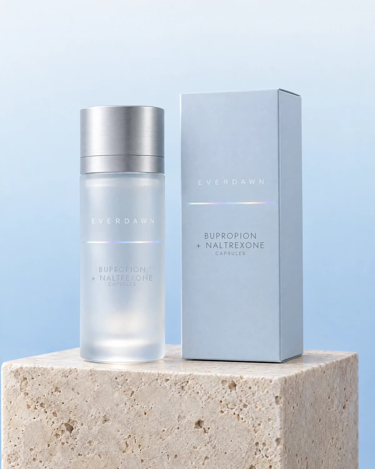 Illustrative packaging: a bupropion and naltrexone capsules bottle beside its carton on a travertine plinth against a soft studio background. Your medicine is labeled and dispensed by the licensed pharmacy.
