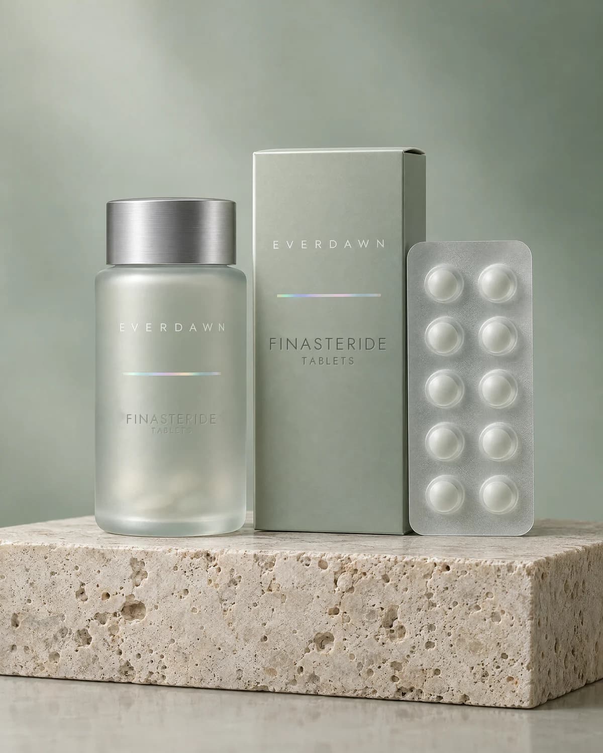 Illustrative packaging: a finasteride carton with a tablet bottle and blister card on a travertine plinth against a soft studio background. Your medicine is labeled and dispensed by the licensed pharmacy.