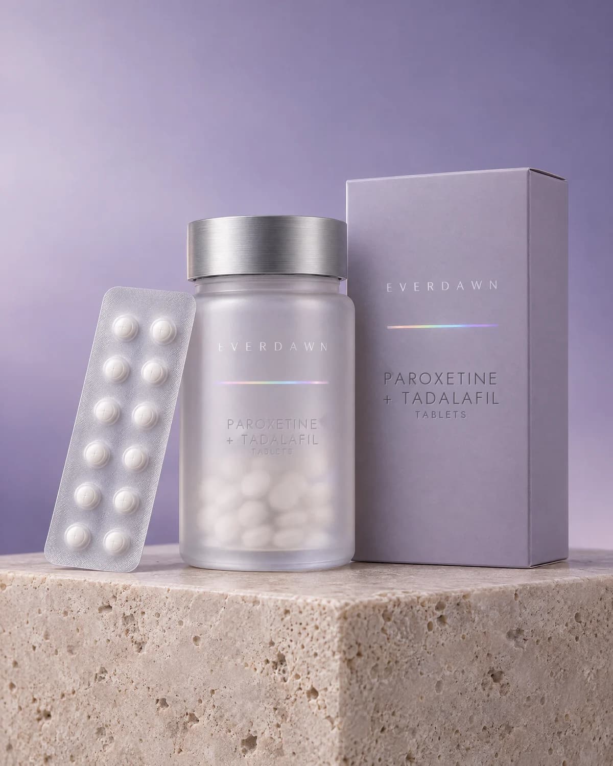 Illustrative packaging: a paroxetine and tadalafil tablet bottle and blister card beside its carton on a travertine plinth against a soft studio background. Your medicine is labeled and dispensed by the licensed pharmacy.
