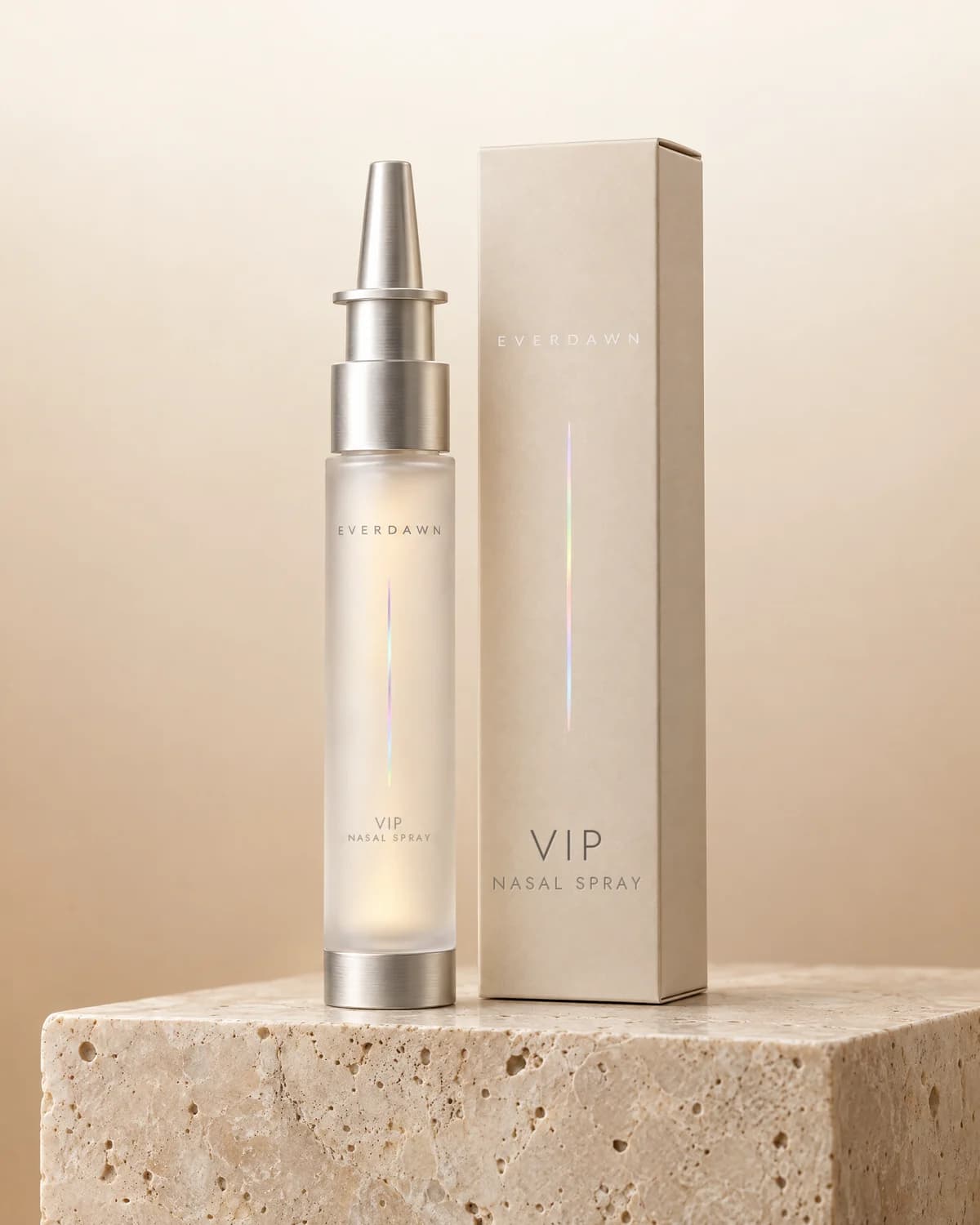 Illustrative packaging: a VIP nasal spray beside its carton on a travertine plinth against a soft studio background. Your medicine is labeled and dispensed by the licensed pharmacy.