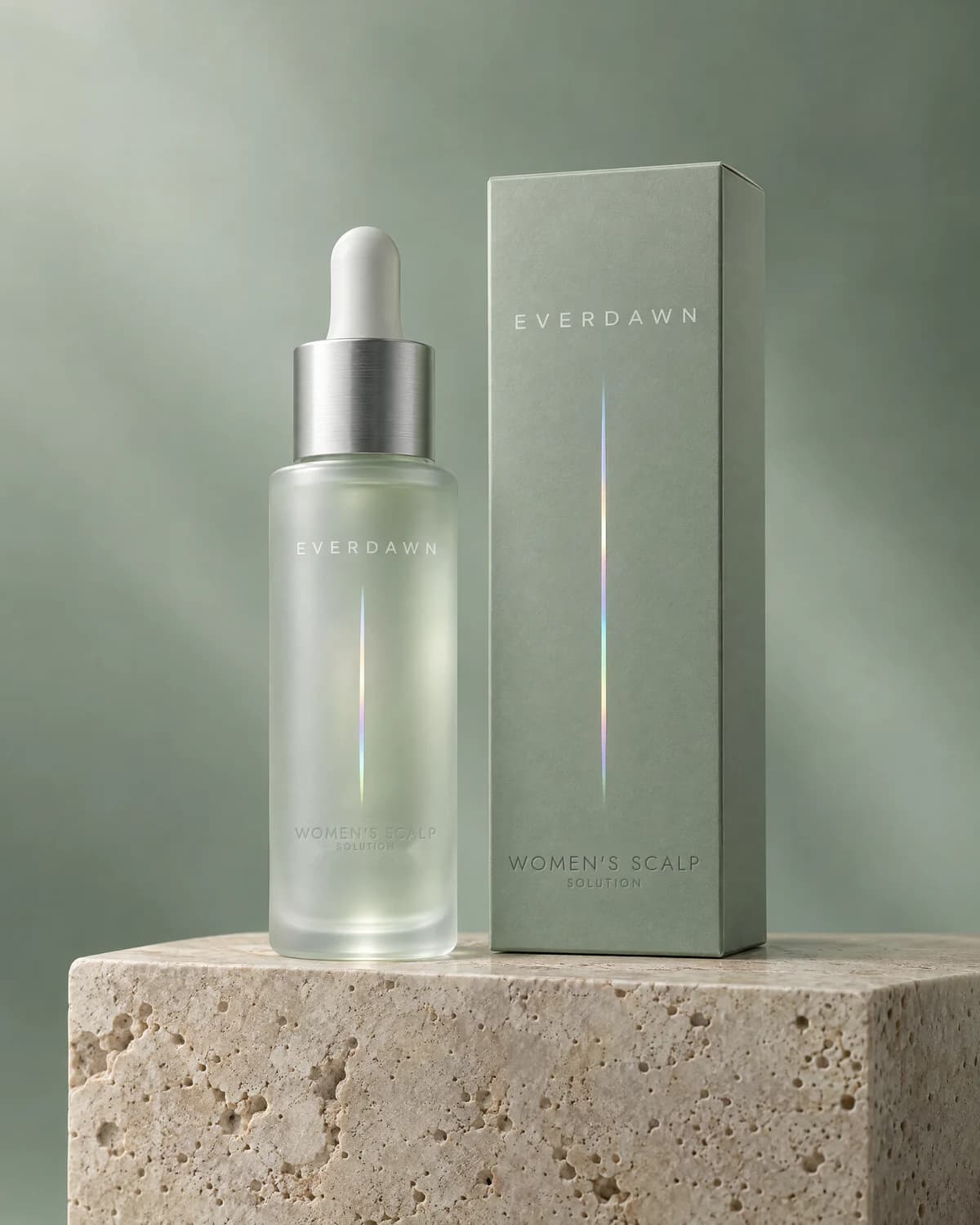 Illustrative packaging: a women’s scalp solution dropper bottle beside its carton on a travertine plinth against a soft studio background. Your medicine is labeled and dispensed by the licensed pharmacy.