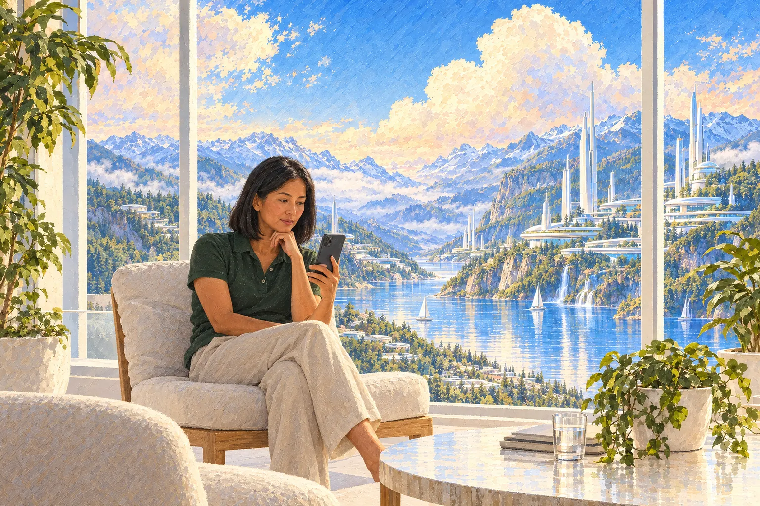 A painting of a woman in an armchair by a tall window, looking at her phone during a private telehealth visit