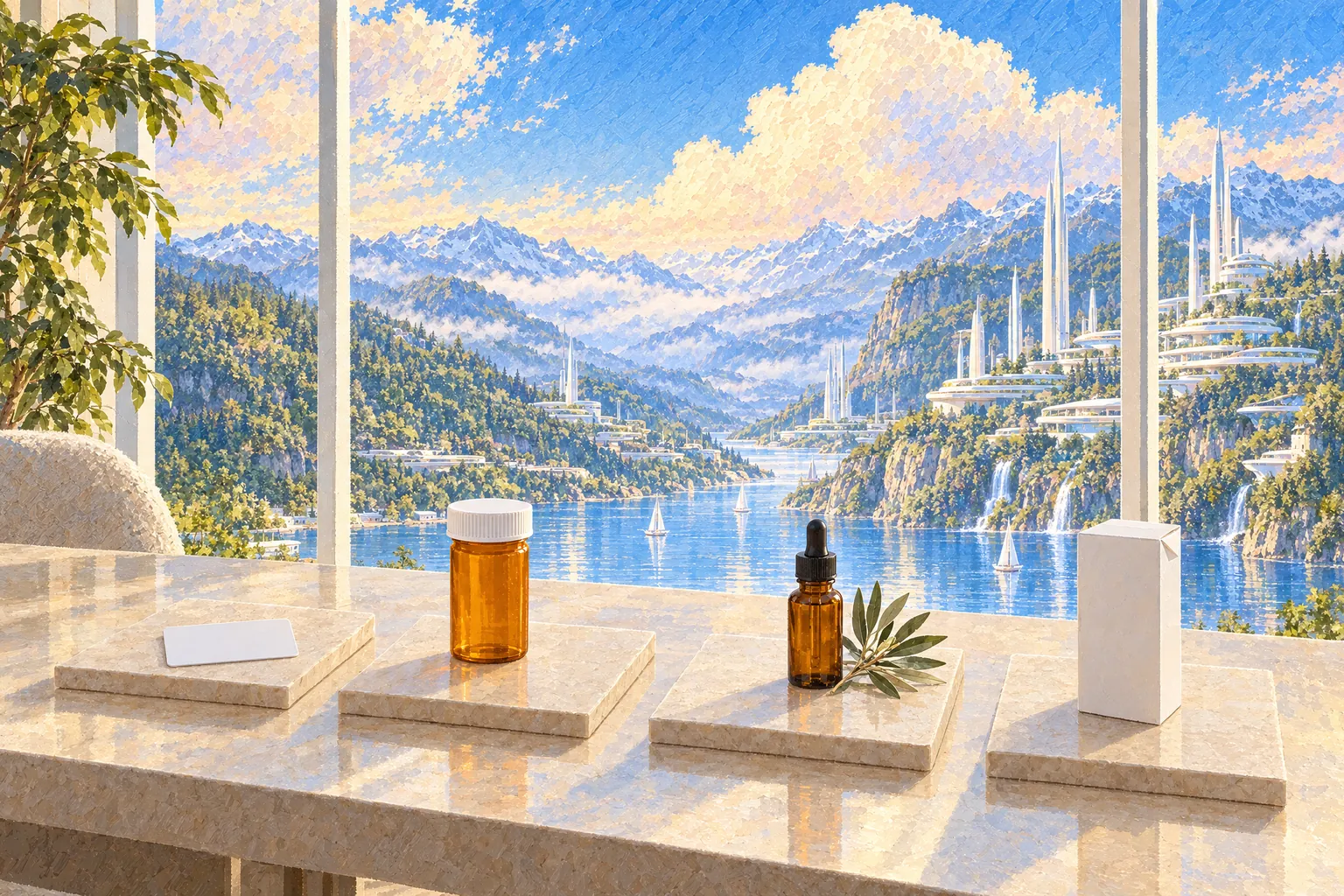 A painting of four unbranded objects on separate stone tiles, standing for state access, prescription medicine, compounding, and retail products: a blank card, a pharmacy bottle, a dropper bottle, and a plain carton