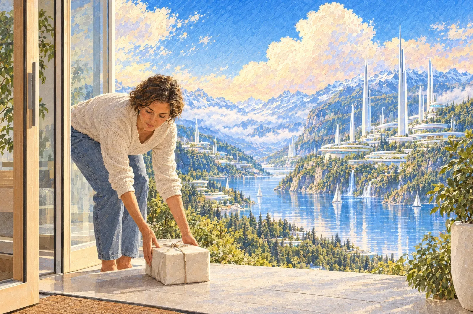 A painting of a woman bending to pick up a plain white parcel at her open terrace door, a lake valley behind her