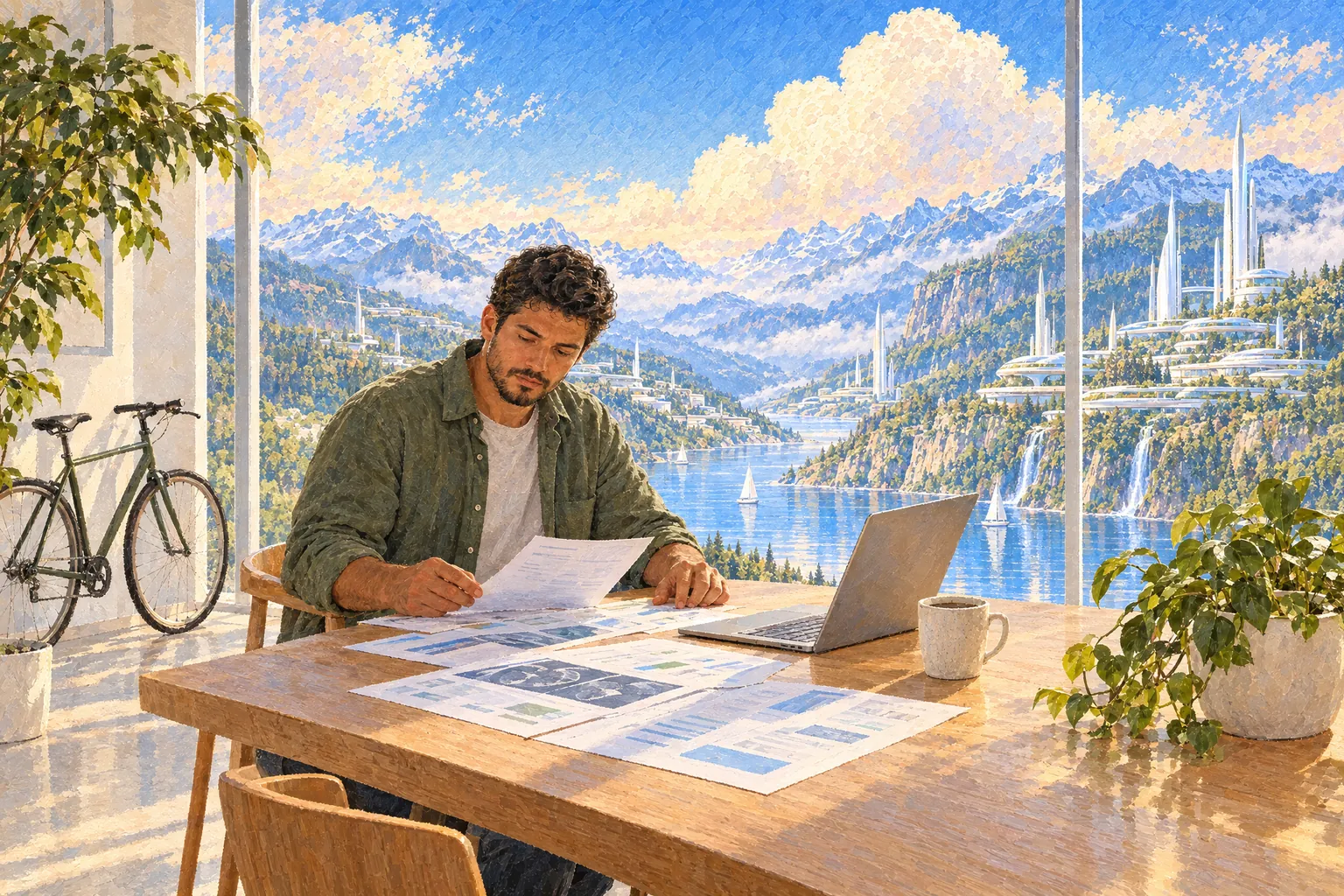A painting of a young man reading printed health records and test results at a long table beside a laptop