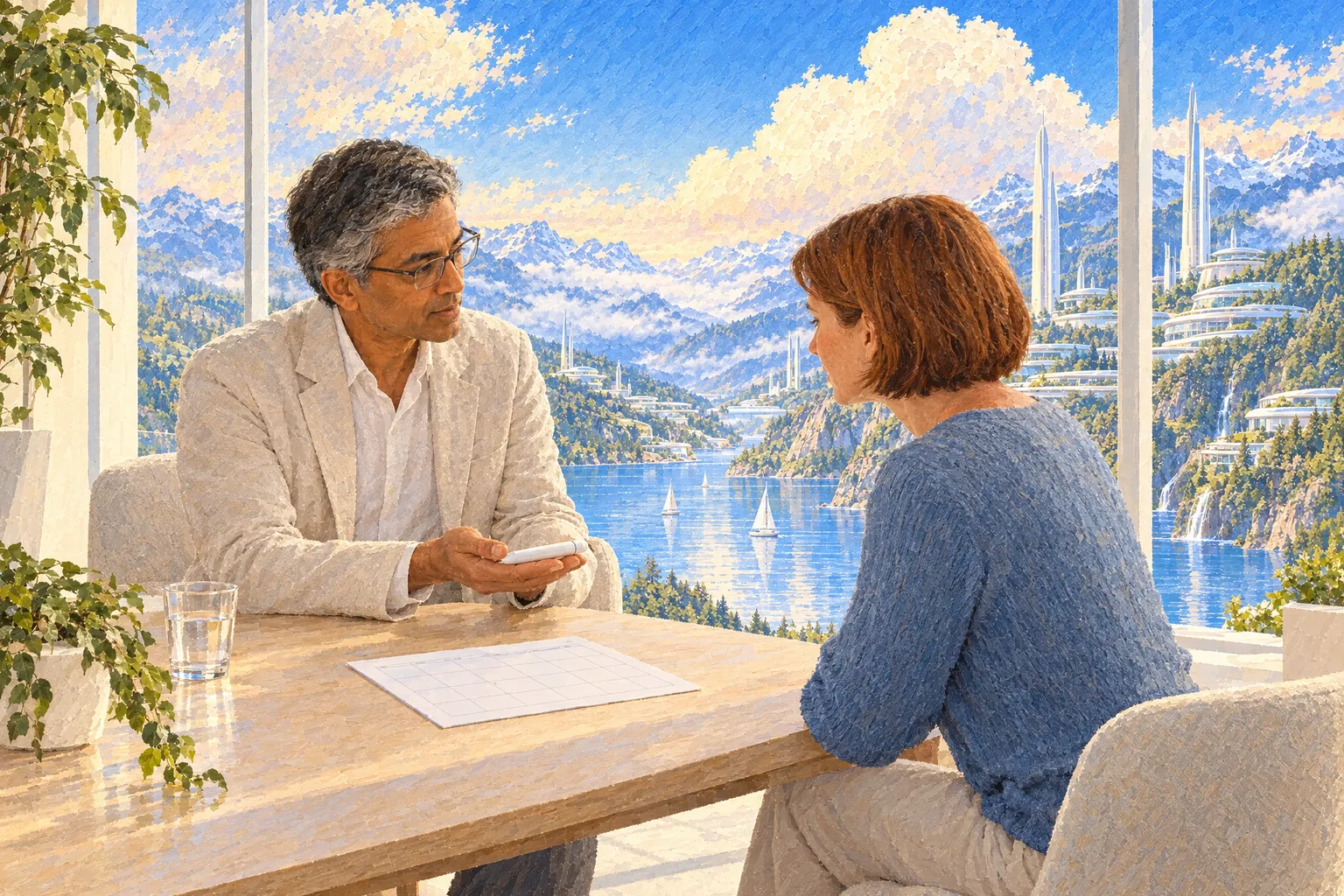 Illustrative image: a painting of a clinician showing a patient a capped, unbranded pen device beside a blank dosing calendar
