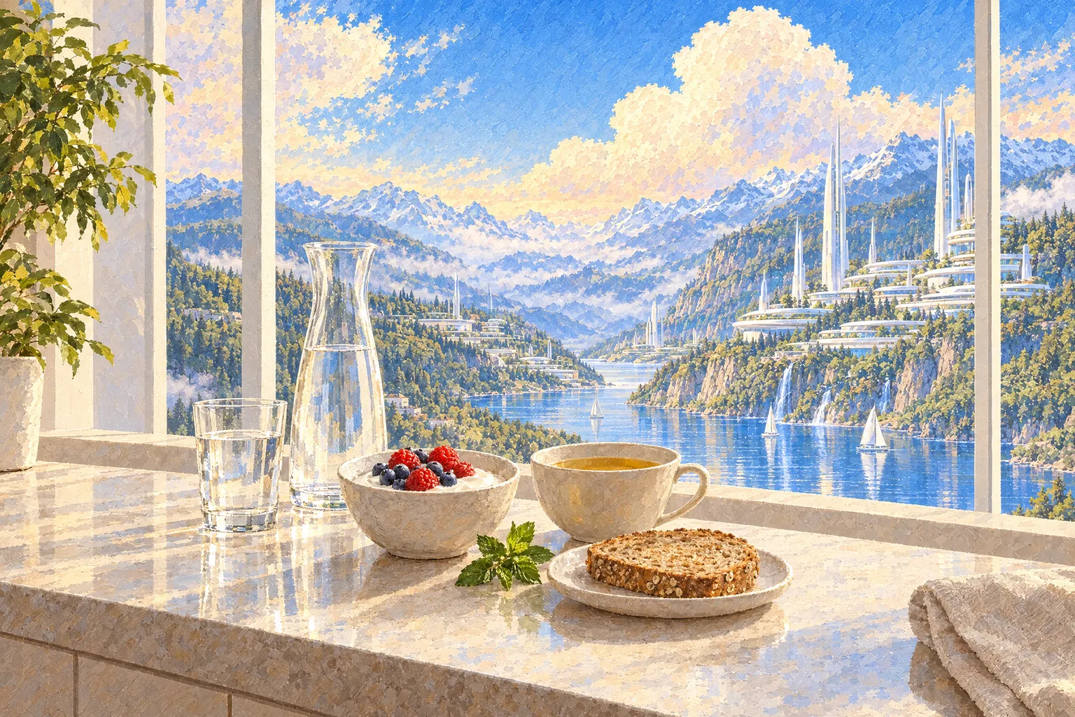 A painting of a small, gentle meal by a kitchen window: water in a glass and carafe, yogurt with berries, a cup of broth, and a slice of toast