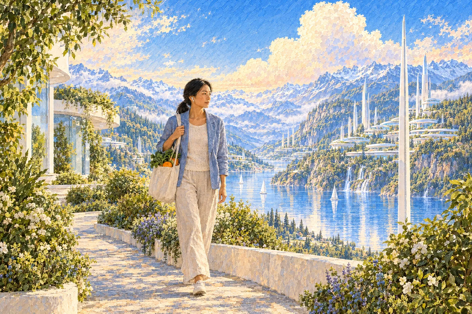 A painting of a woman walking home along a garden path with a tote of greens and oranges, listening through an earbud