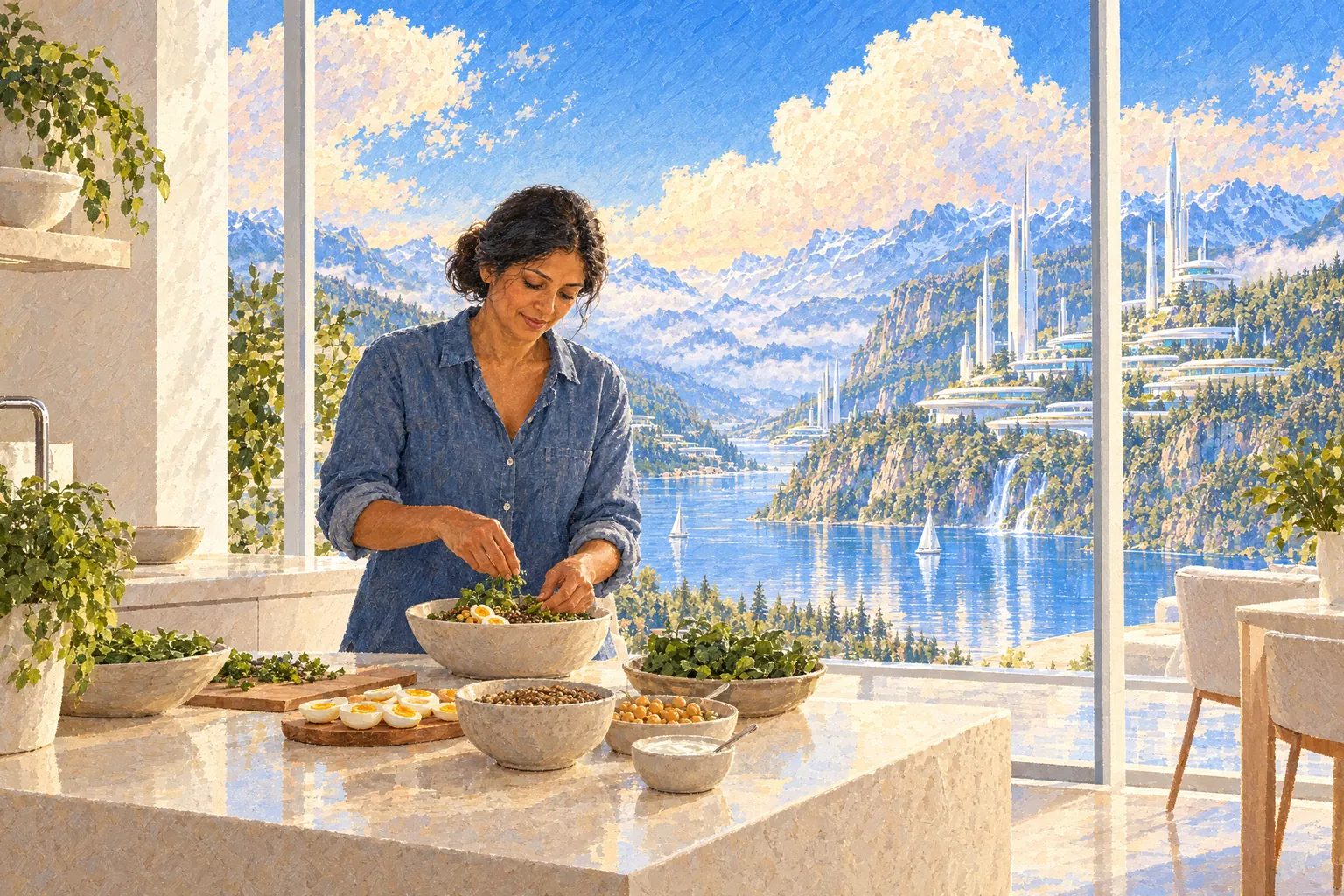 A painting of a woman preparing a protein-rich lunch of eggs, lentils, chickpeas, and greens in a bright kitchen