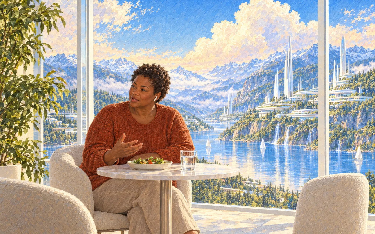 A painting of a woman at a cafe table by a window, talking through an earbud, a small salad and a glass of water in front of her