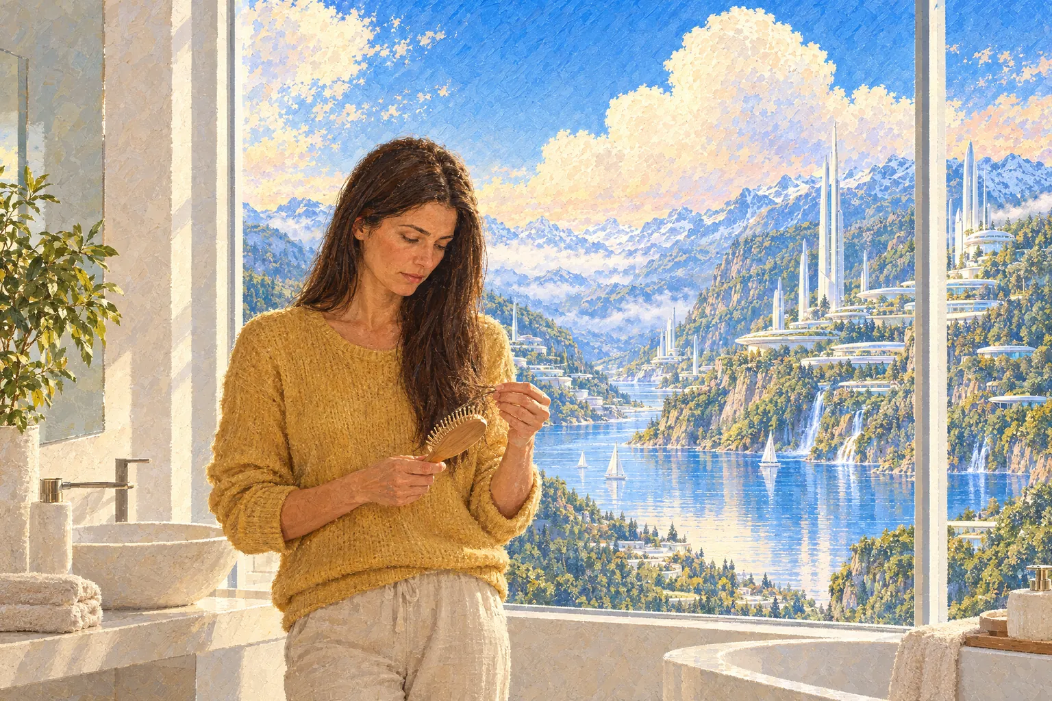 A painting of a woman calmly looking at a few loose hairs from her hairbrush, standing by a bathroom window