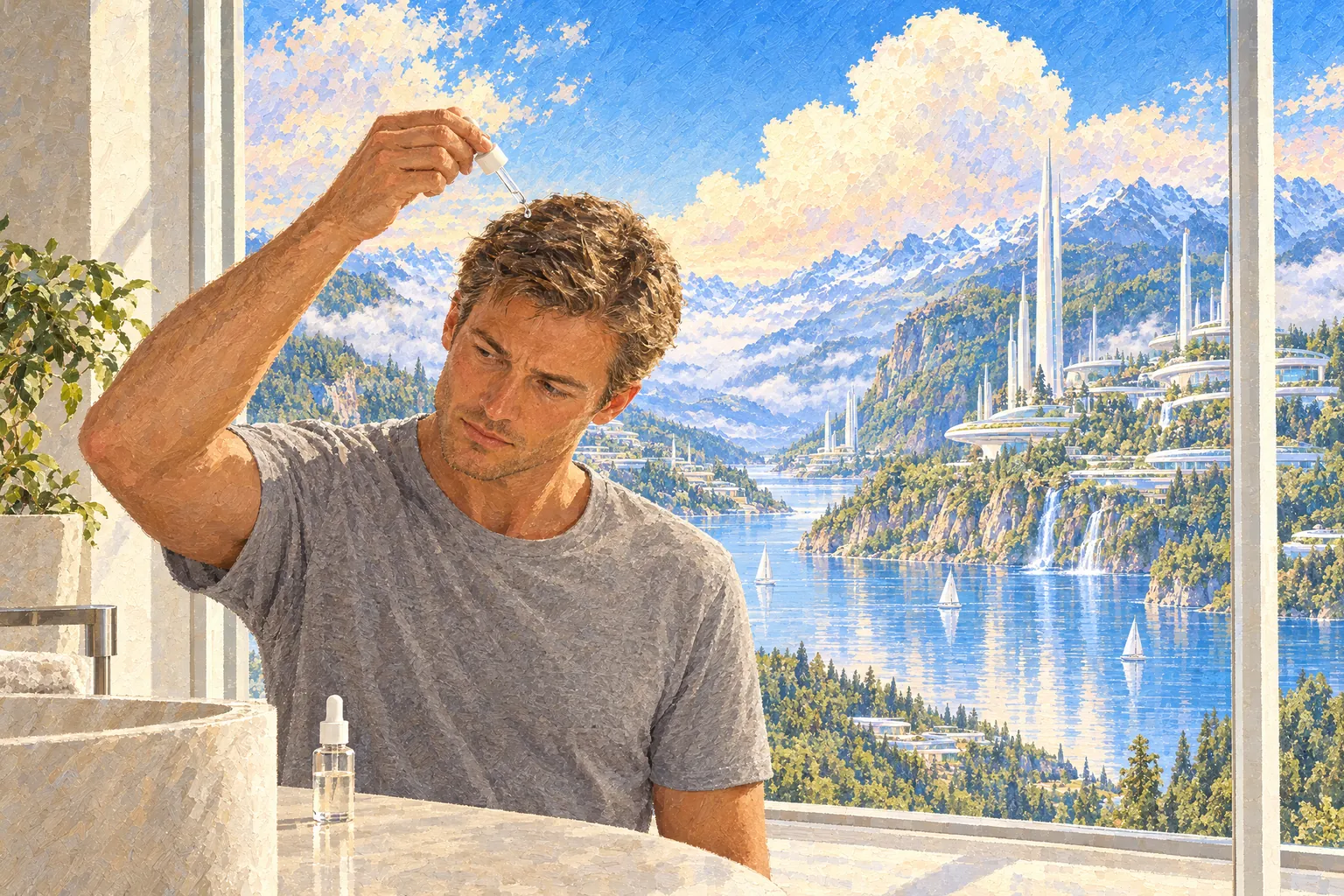 A painting of a man applying a measured drop of unbranded topical solution to his scalp with a dropper, a plain bottle on the counter
