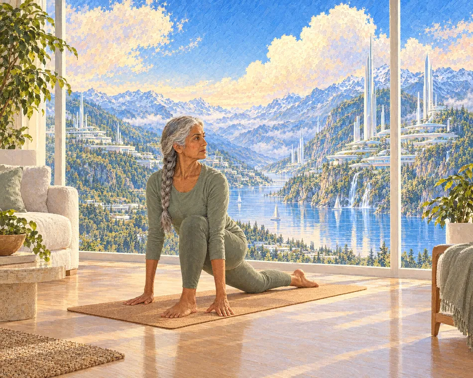 A painting of an older woman holding a low lunge on a cork mat in a sunlit living room