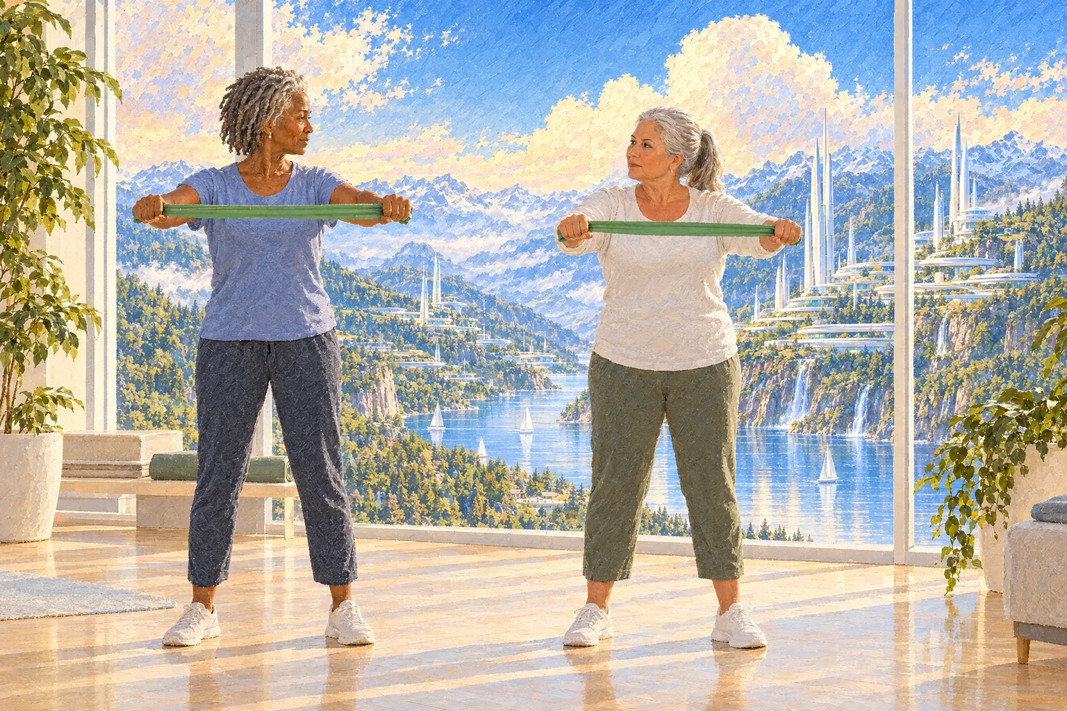 A painting of two older women doing a resistance-band exercise side by side in a bright community studio
