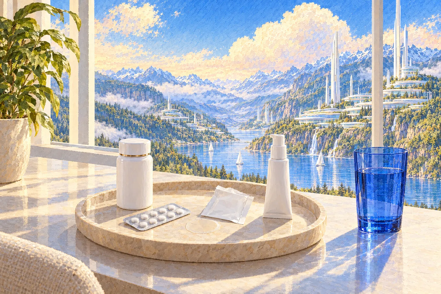 A painting of unbranded hormone therapy forms on a stone tray: a pill bottle, a blister strip of tablets, a skin patch, and a pump tube of gel