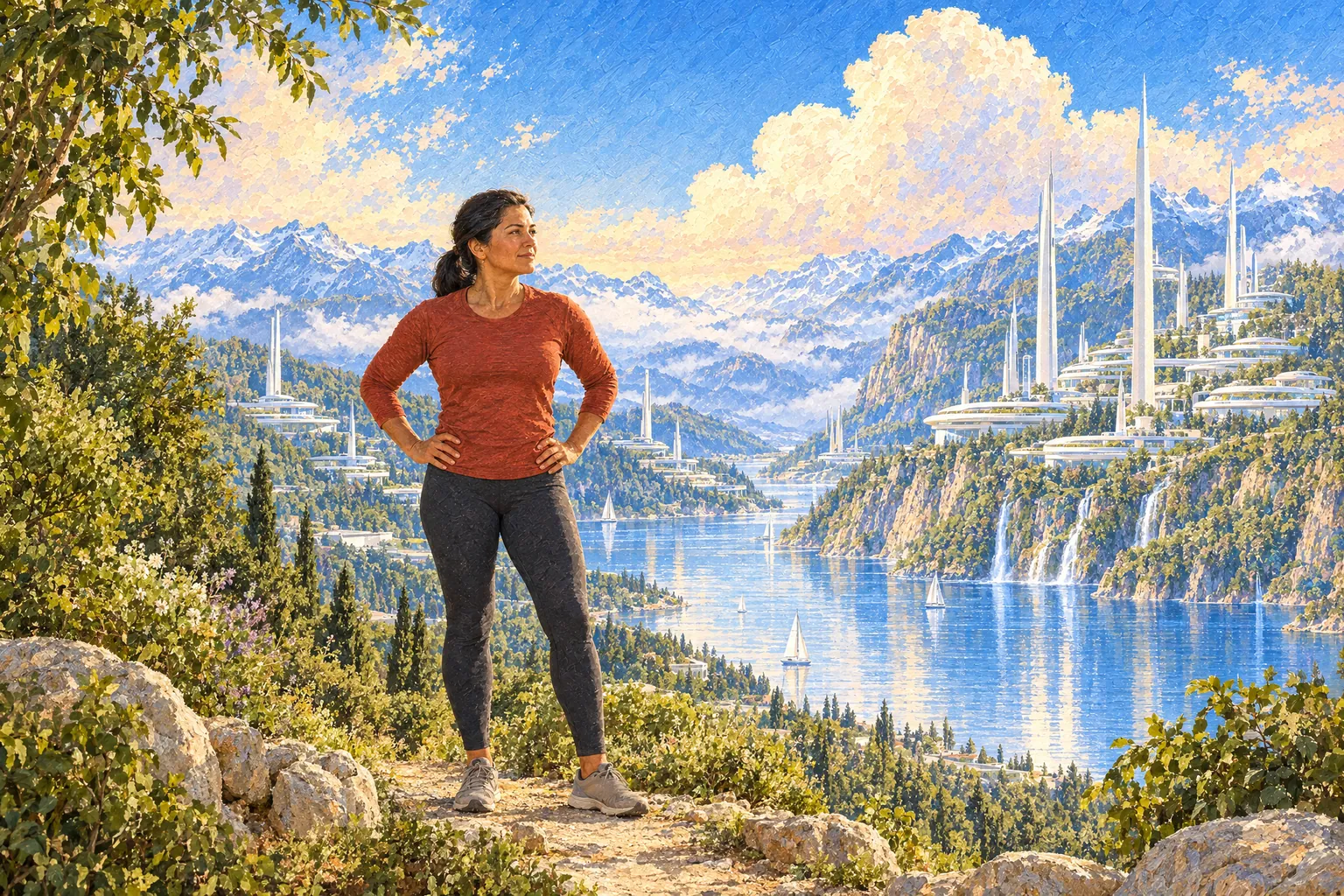 A painting of a woman pausing to catch her breath on a hillside trail above a lake, hands on her hips