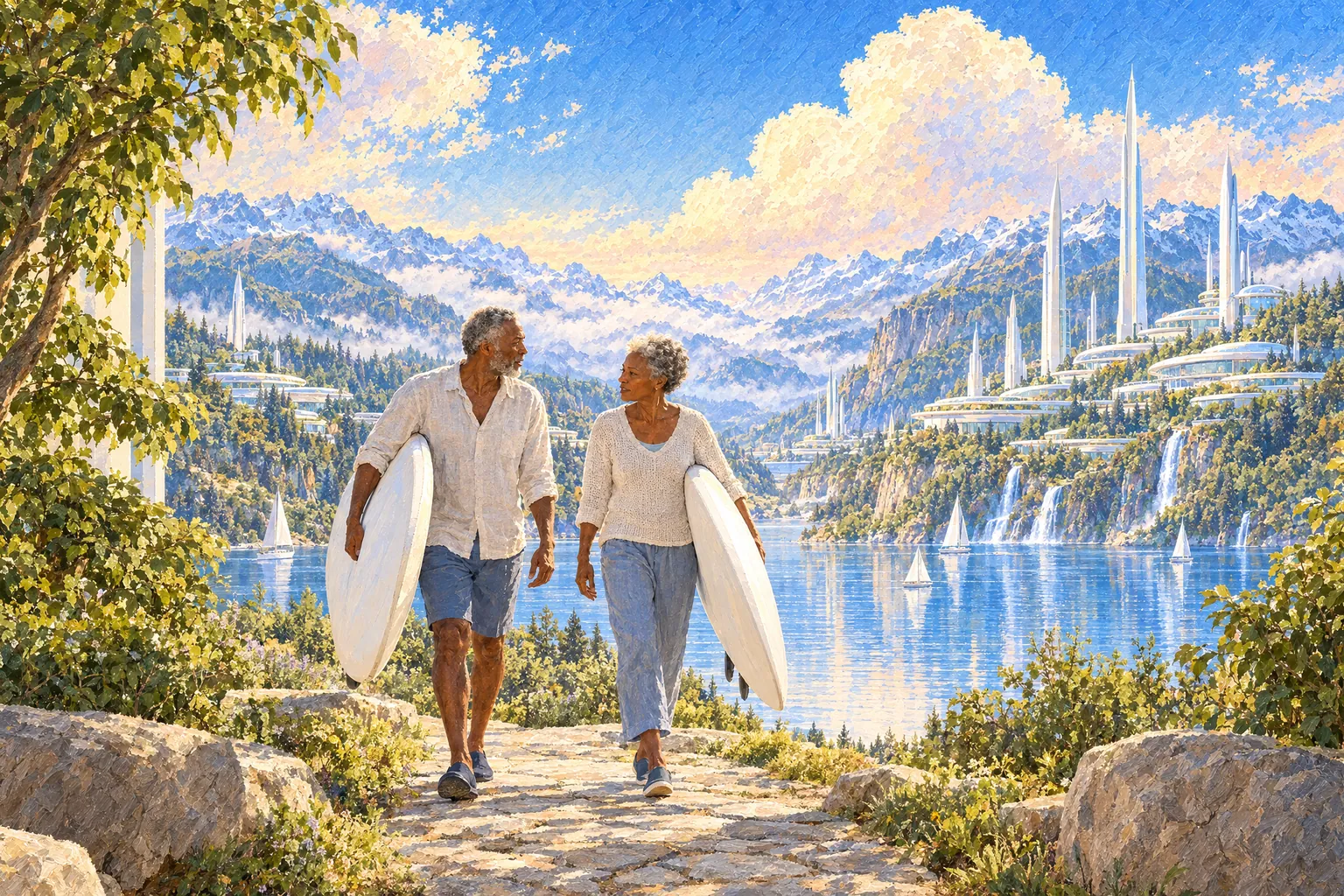 A painting of an older couple walking down a stone path to a mountain lake, each carrying a board under one arm