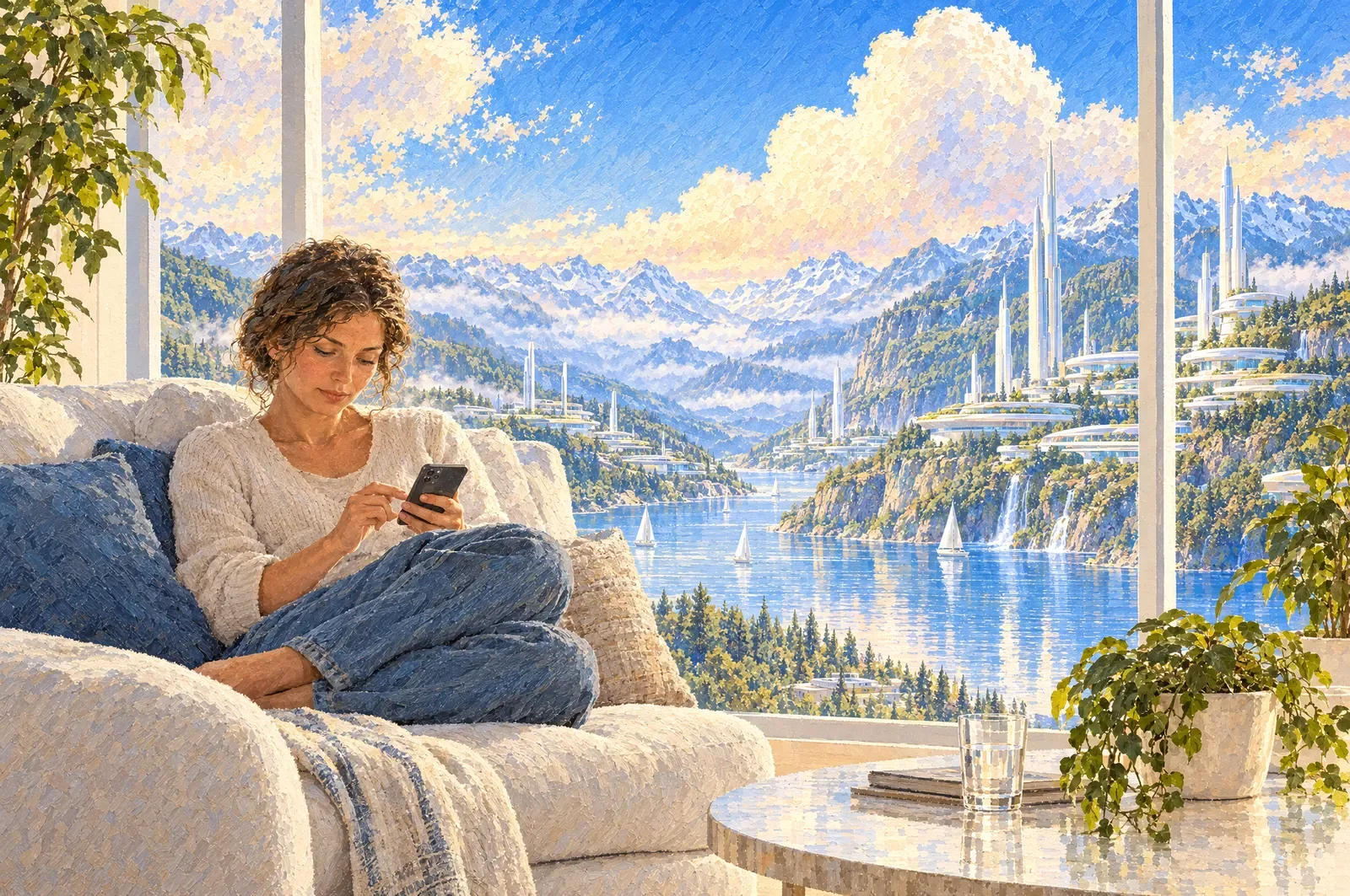 A painting of a woman curled on a sofa under a blanket, reading on her phone, a lake valley through the window behind her
