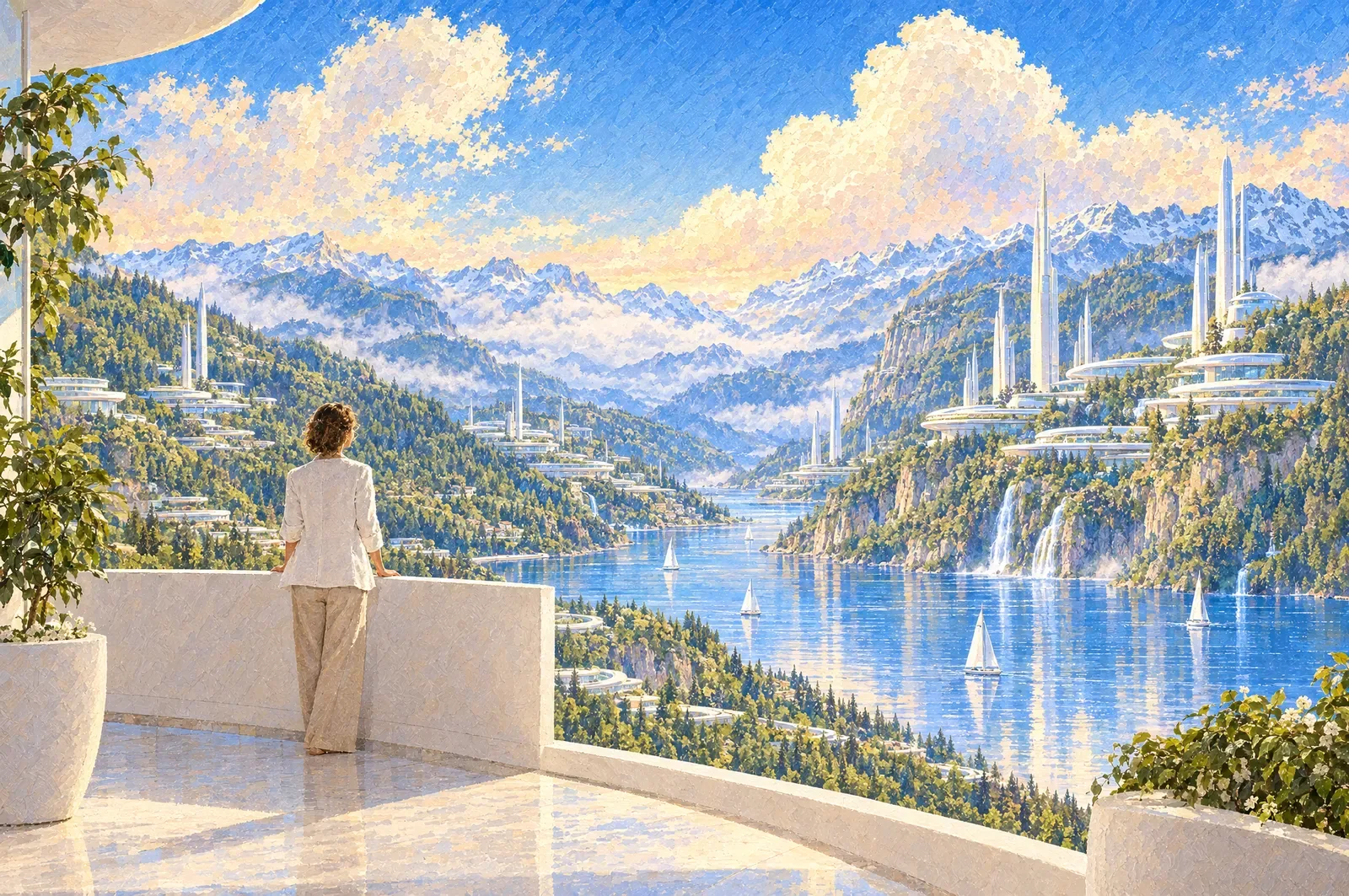 A painting of a woman standing at a tall window in morning light, looking out over a lake valley