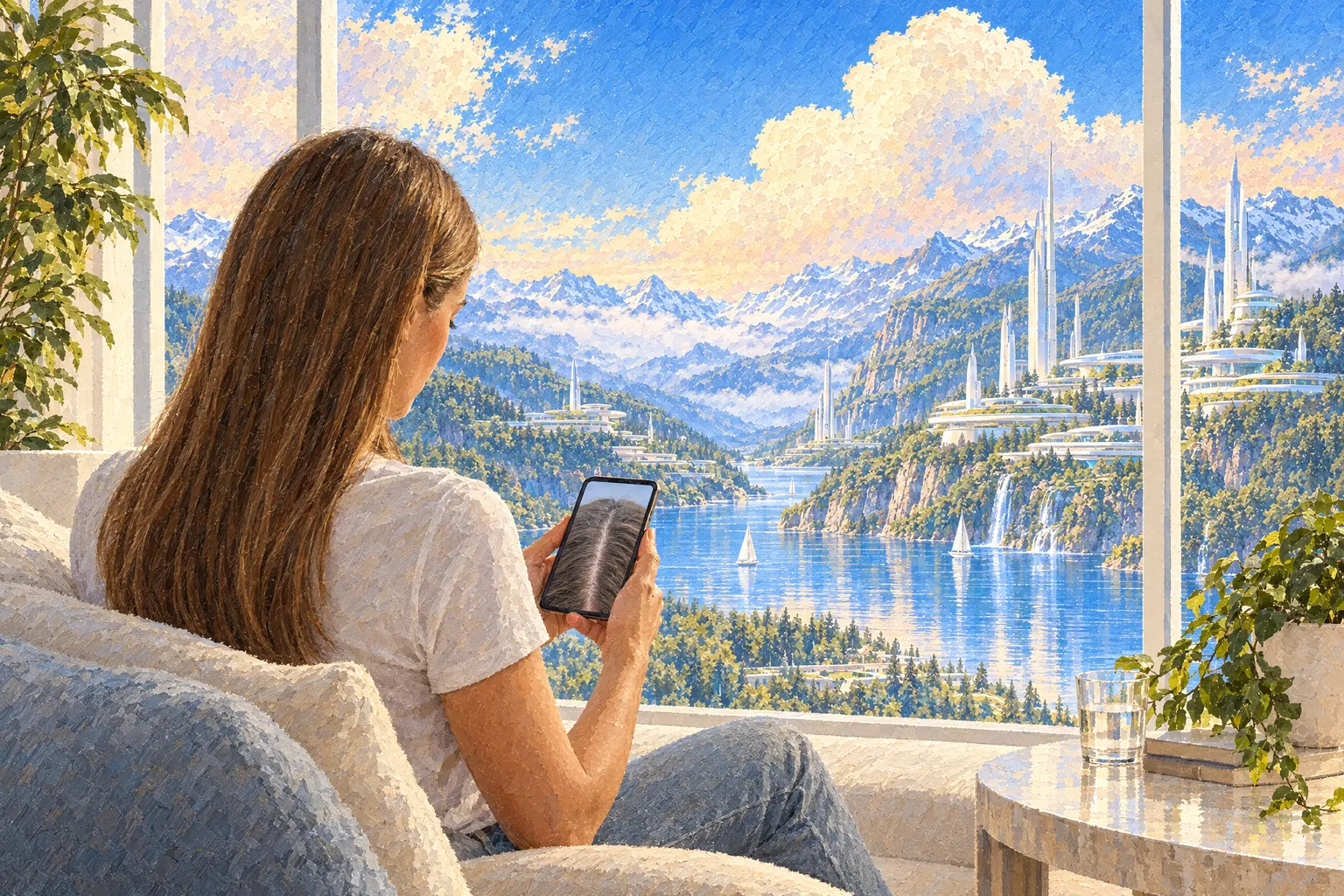 A painting of a woman by a window looking at a clear phone photo of the center part in her hair