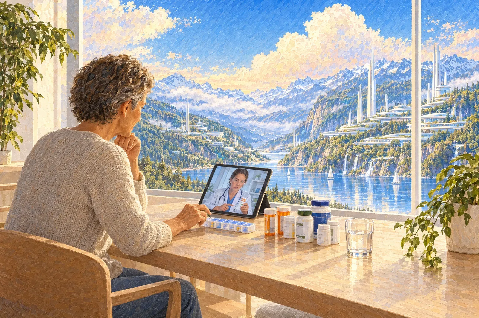 Illustrative image: a painting of a person at a table with prescription bottles and a pill organizer, talking with a clinician on a video call on a tablet
