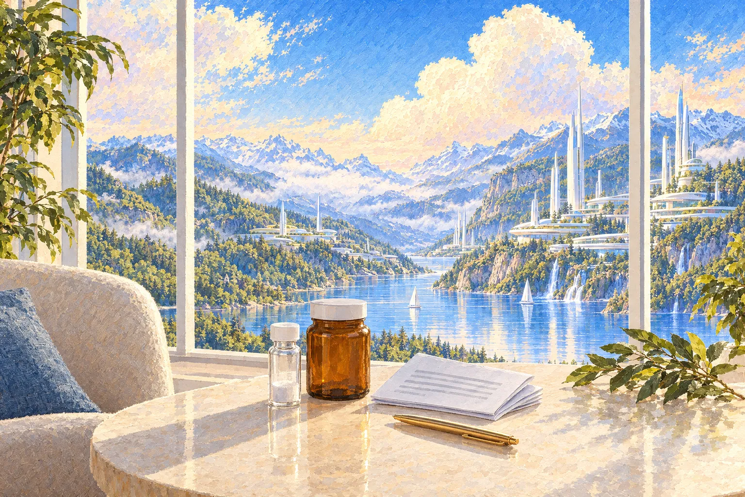 A painting of an unlabeled glass vial and amber jar beside folded patient instructions and a pen, on a stone table by a window