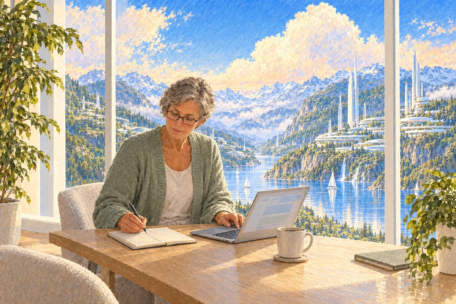 A painting of a woman checking an official page on her laptop and working through a blank checklist in a notebook