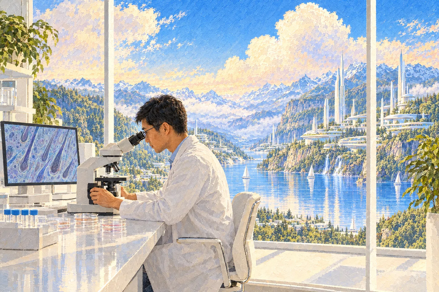 Illustrative image: a painting of a researcher at a microscope, a magnified image of hair follicles on the screen beside him