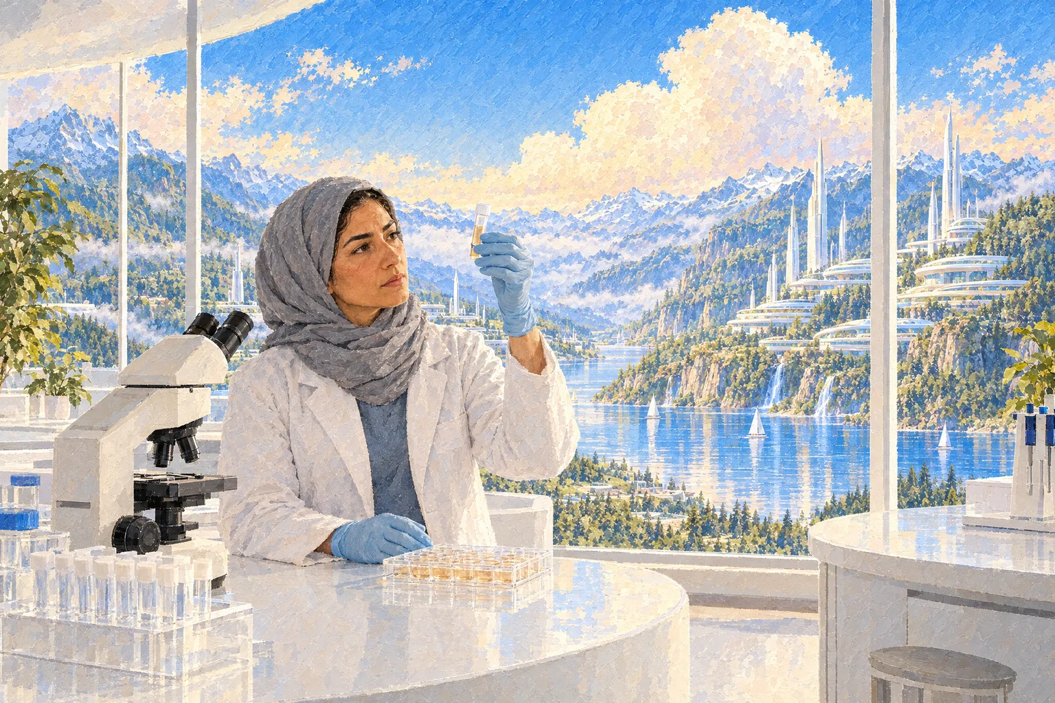 Illustrative image: a painting of a researcher holding up a sample tube beside a microscope and a culture plate in a bright laboratory