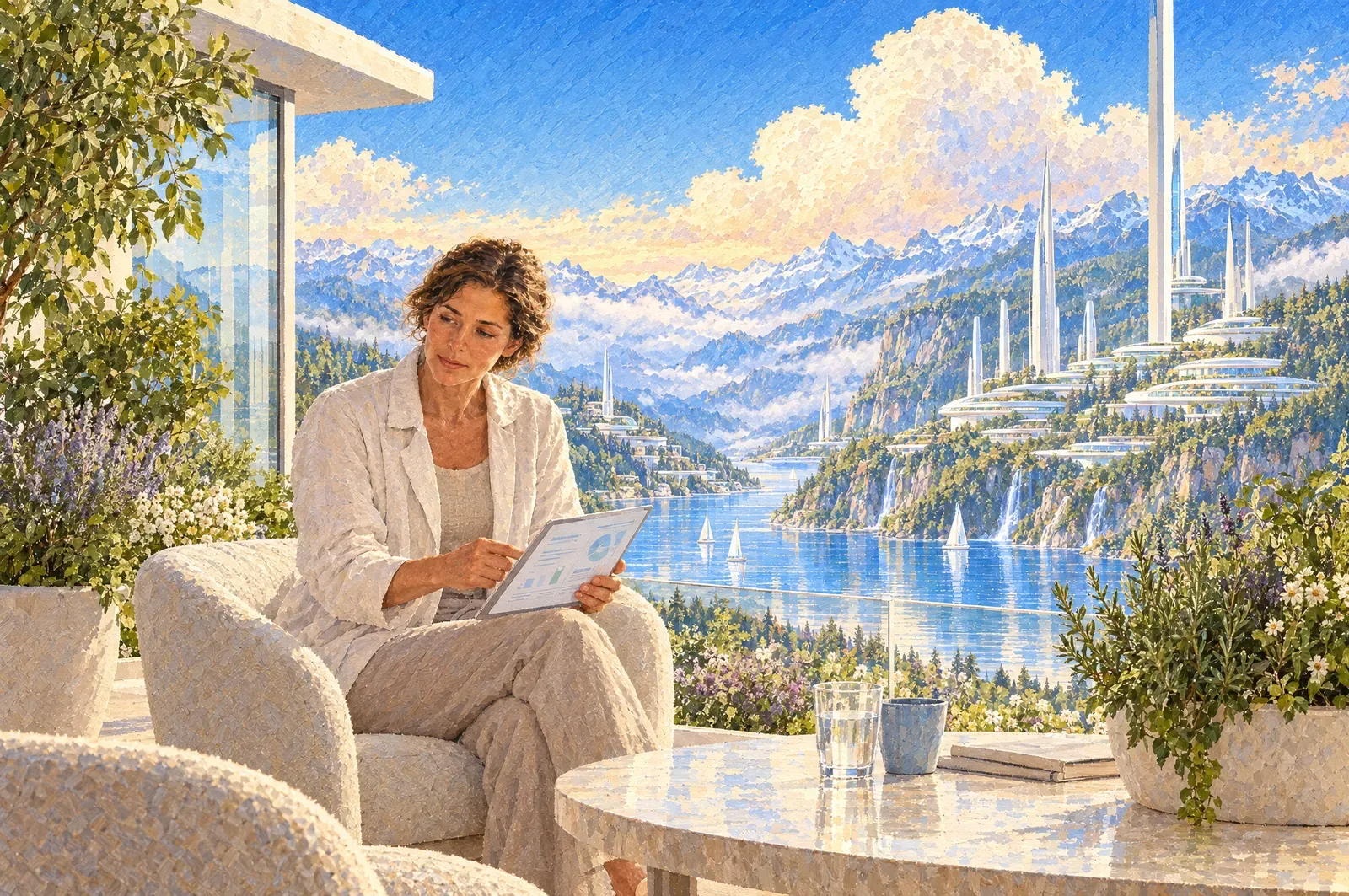A painting of a woman in a terrace armchair reading through a printed plan, a lake valley and white towers behind her