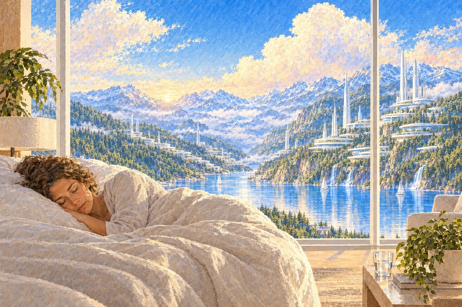 A painting of a woman asleep under a white duvet beside a tall window, a lake valley in soft daylight behind her